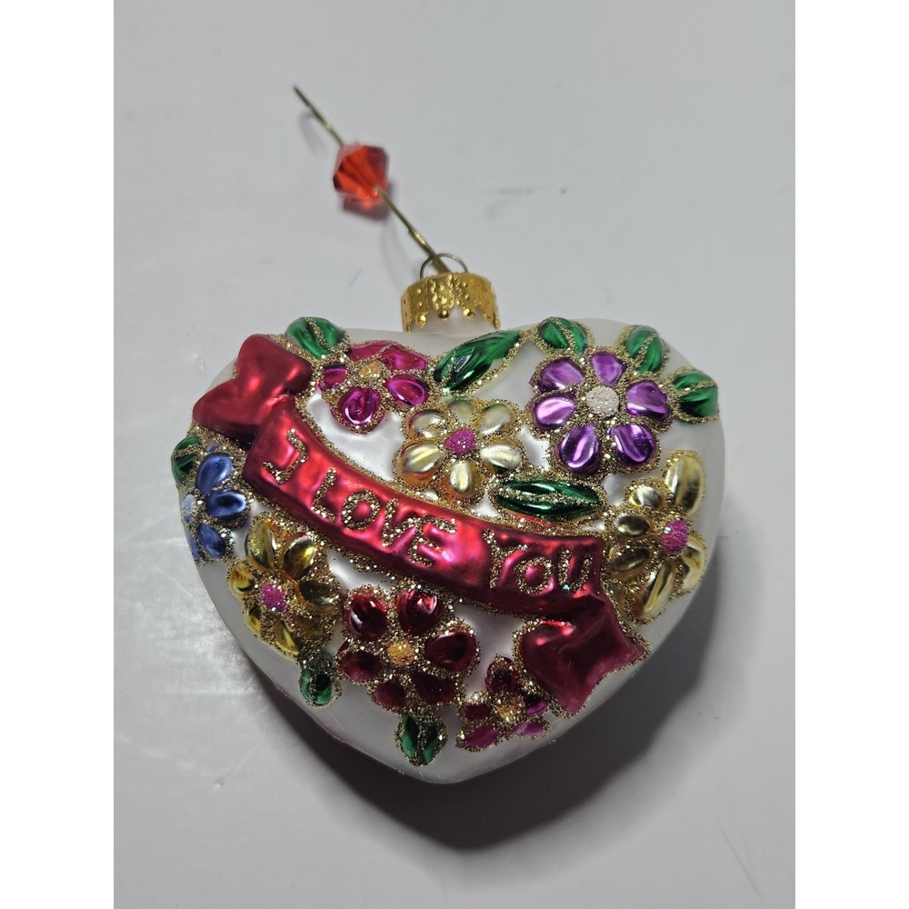 White Glass Heart Christmas Ornament I Love You Floral Glitter Painted Vintage